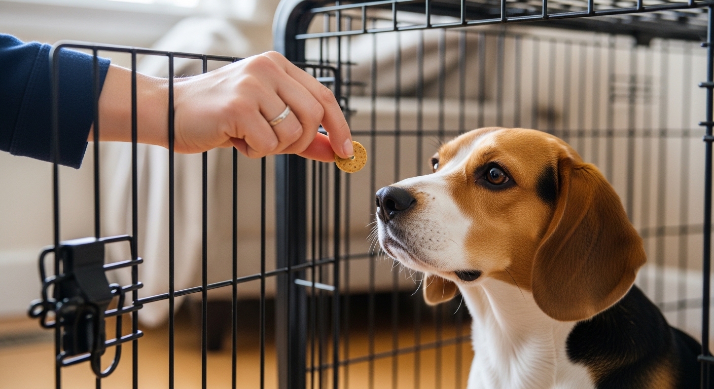 pet parent giving a treat to beagle in crate