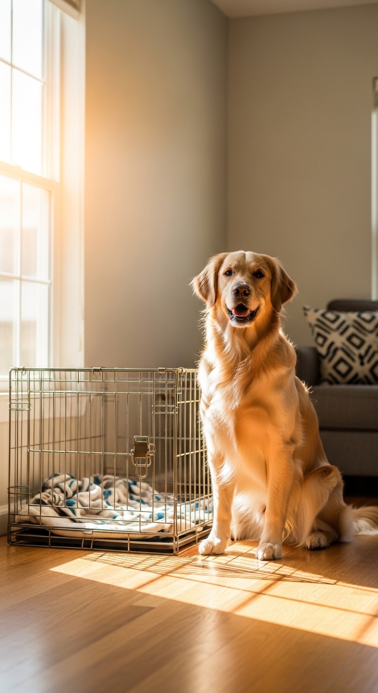 happy dog sitting proudly beside a wire crate