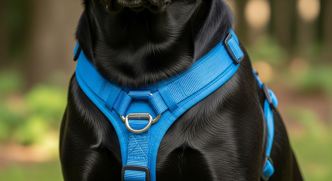 Black labrador wearing a blue front-clip harness