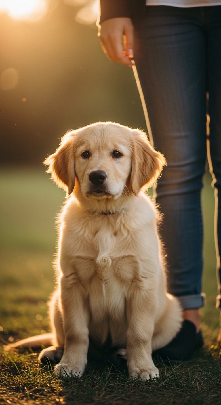 puppy sitting proudly next to owner's legs