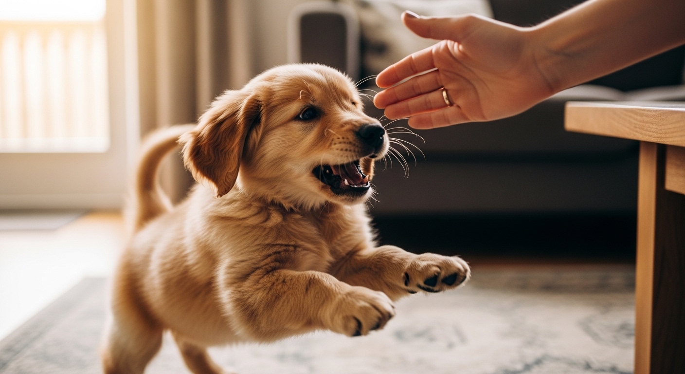 puppy lunging playfully at a moving hand