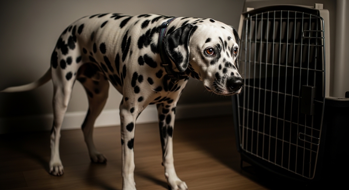 anxious dalmatian looking hesitant near closed crate door