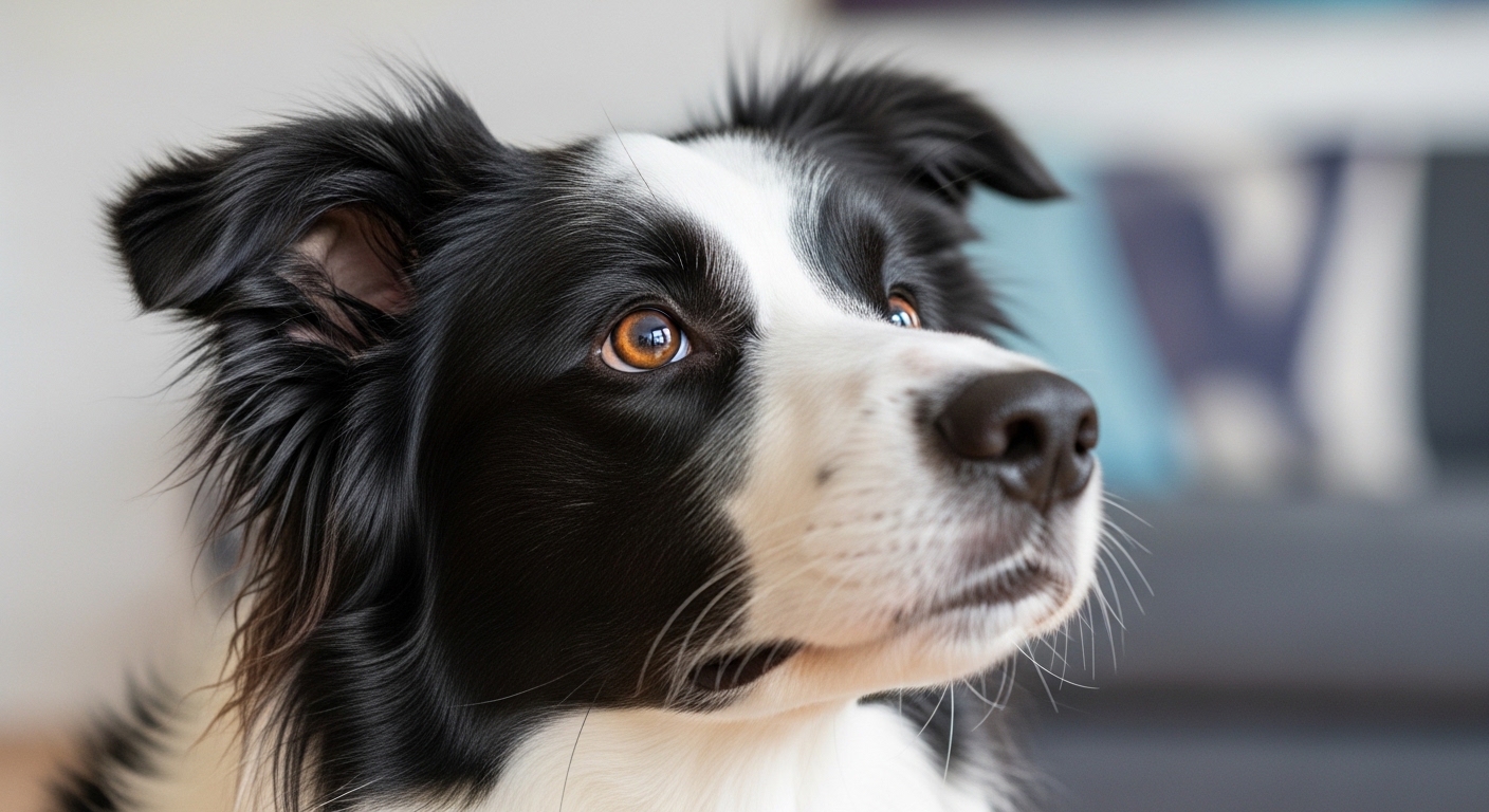 Border collie looking up intently at its owner