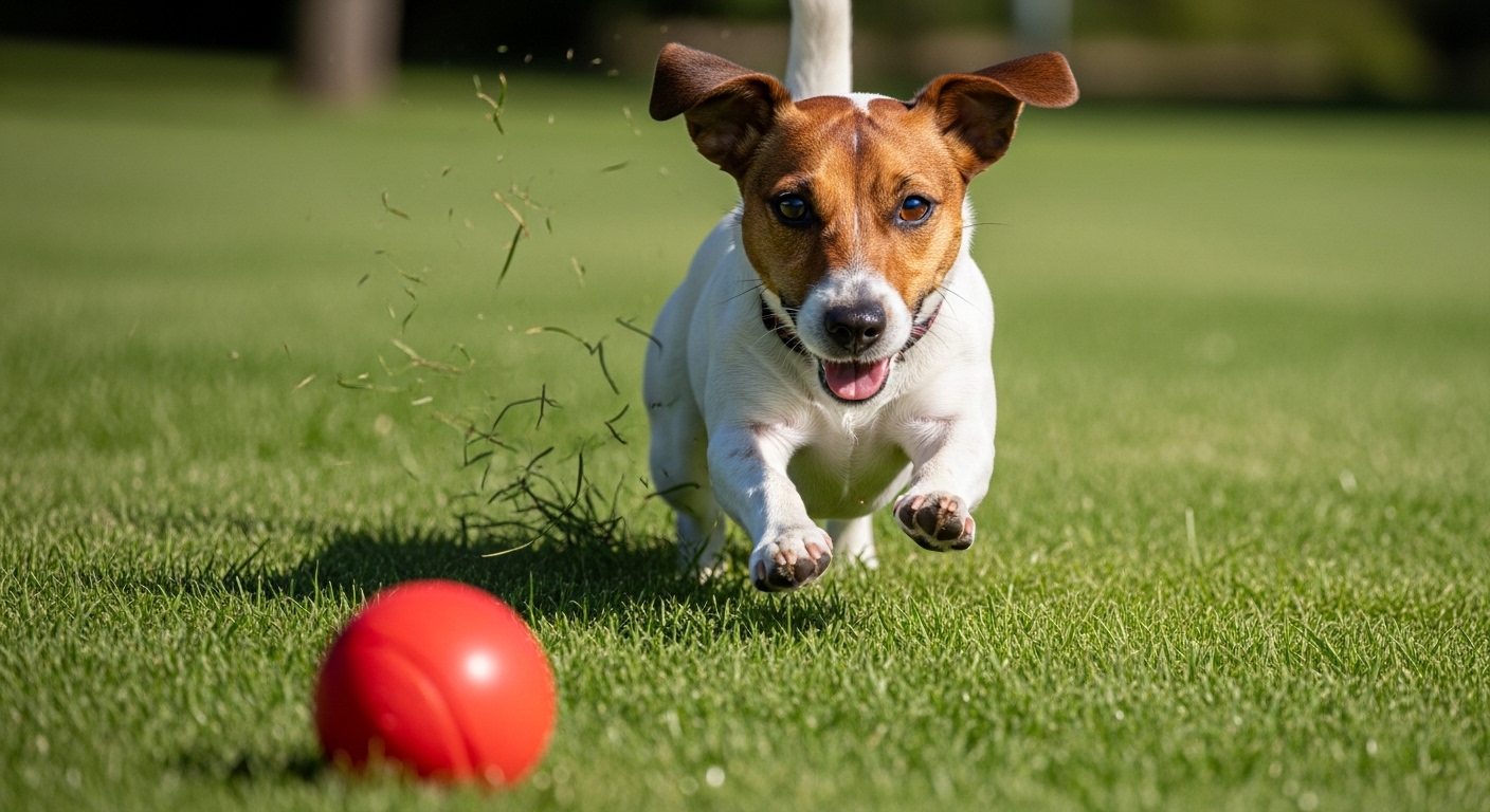 Jack russell terrier running across grass to chase ball