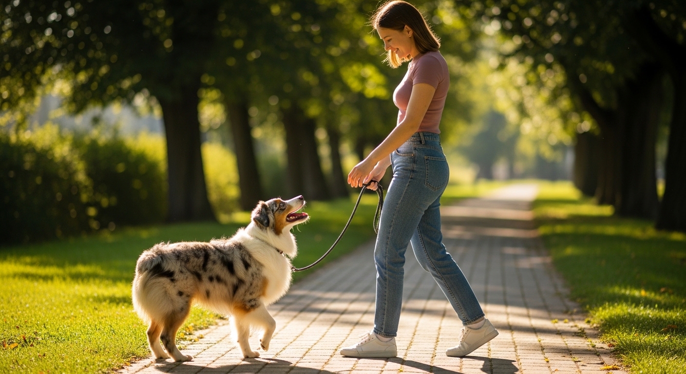Australian shepherd looking up at owner while walking