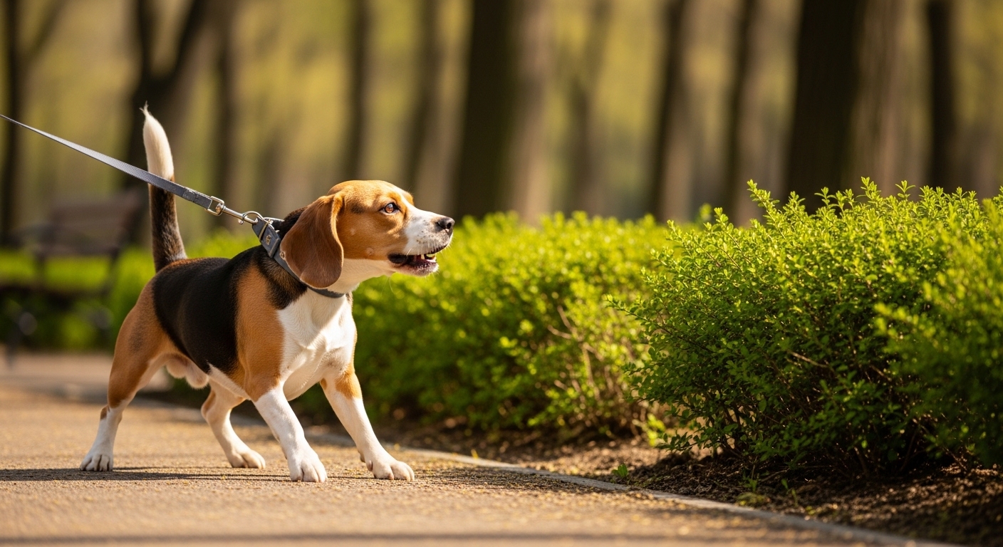 Beagle pulling on a taut leash toward a bush