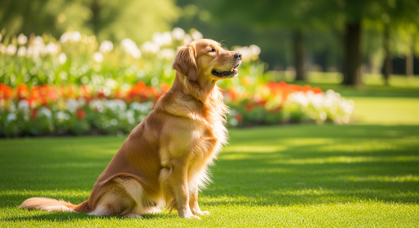 Golden retriever sitting patiently in a sunny green park
