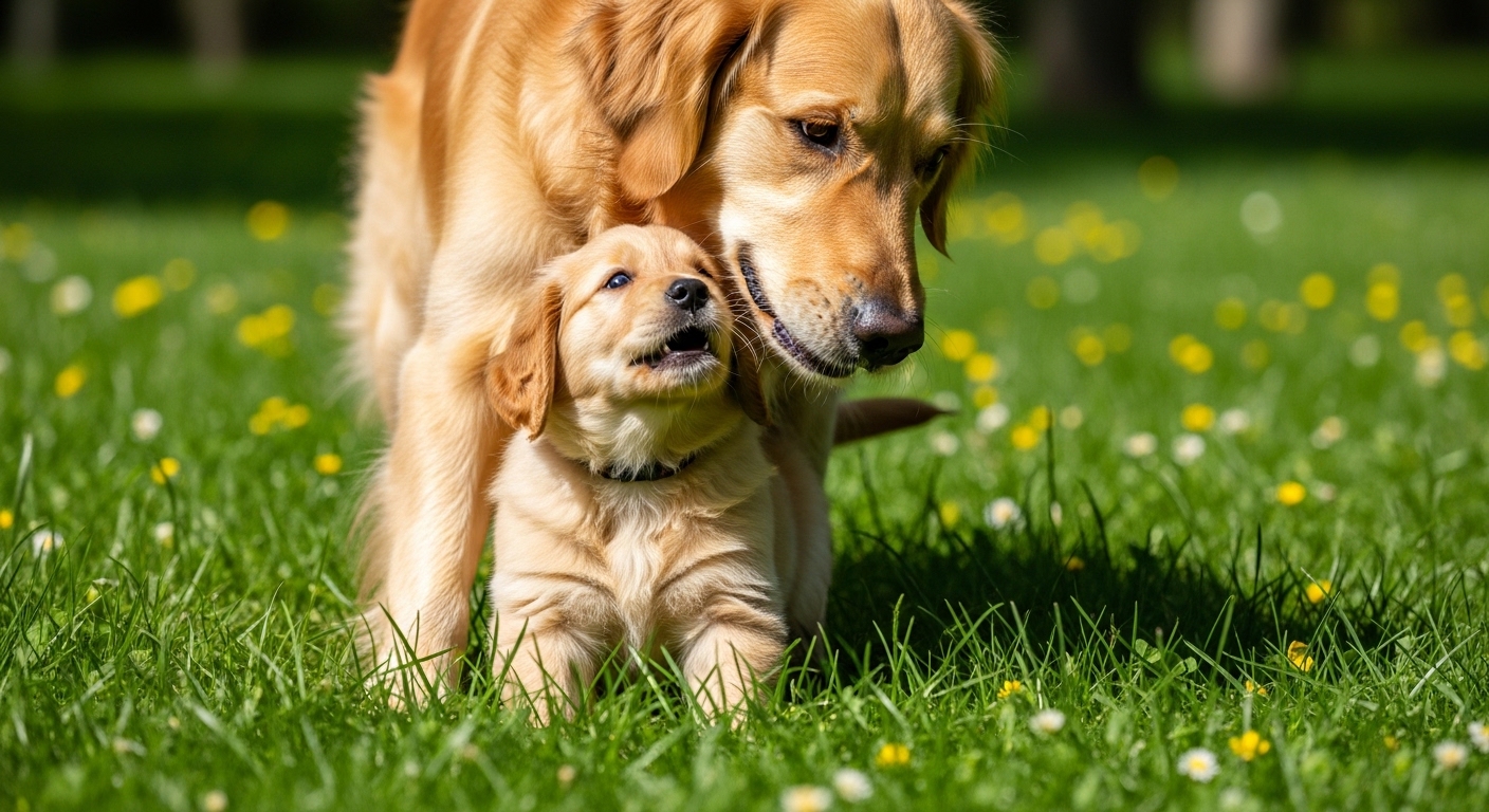 mother dog gently correcting her puppy in grass