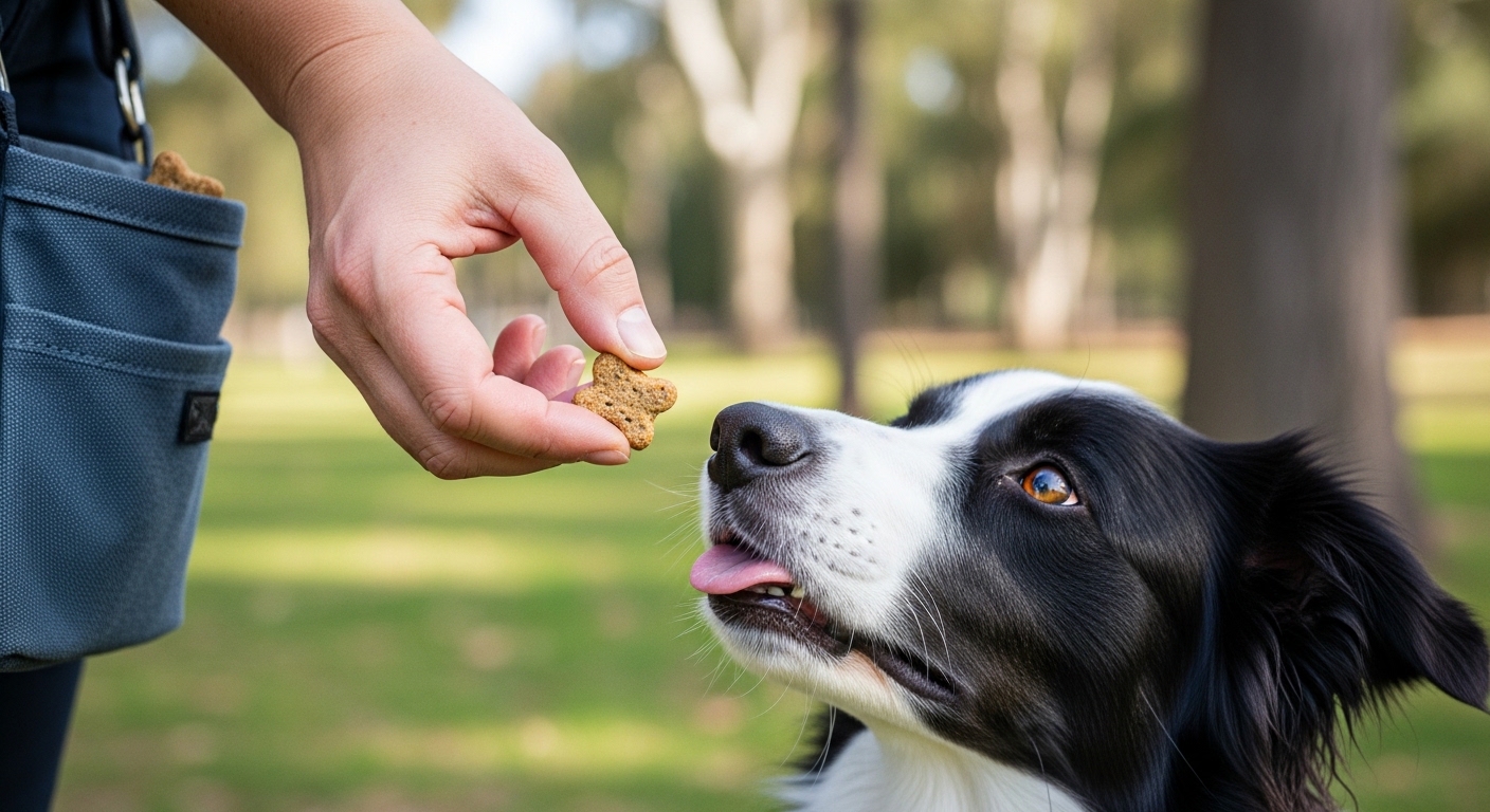 Owner giving a treat to a border collie