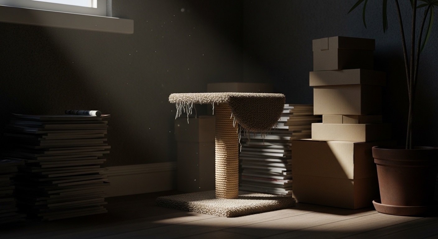 Small scratching post hidden in a dark room corner