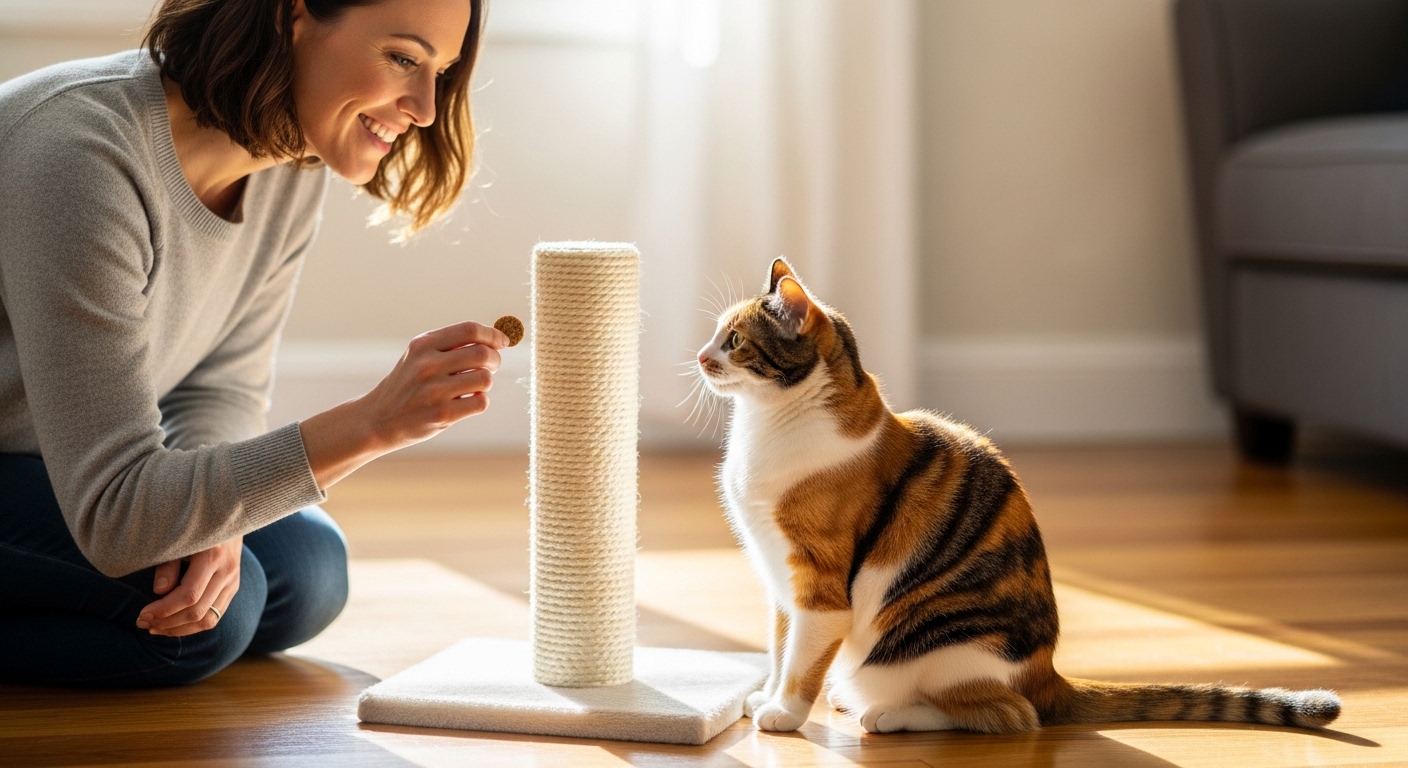 Owner giving a treat to a cat by a scratching post