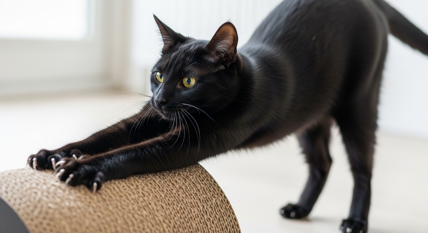 Black cat stretching and scratching a textured pad