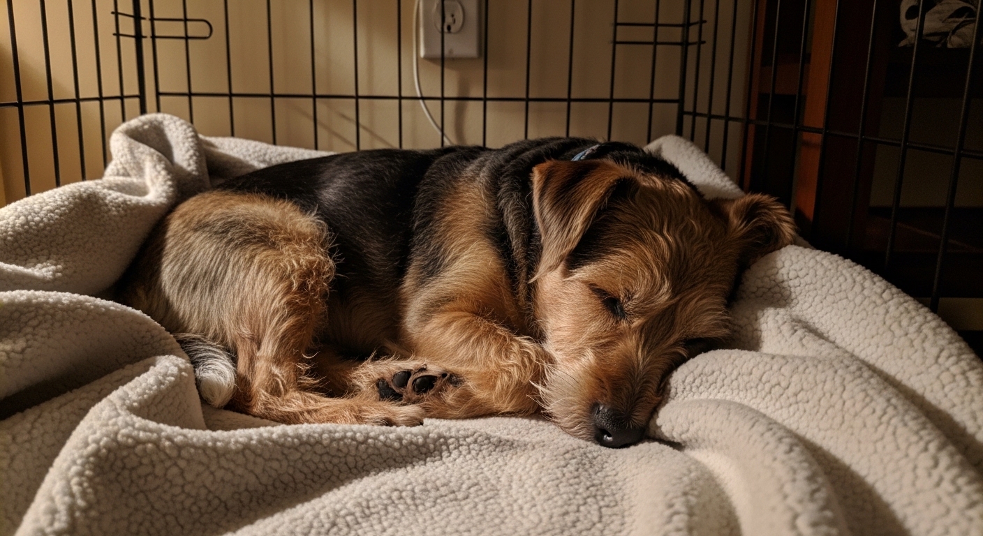 small terrier sleeping peacefully inside a cozy dog crate