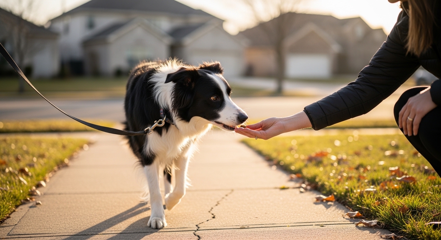owner giving treat to border collie on a walk