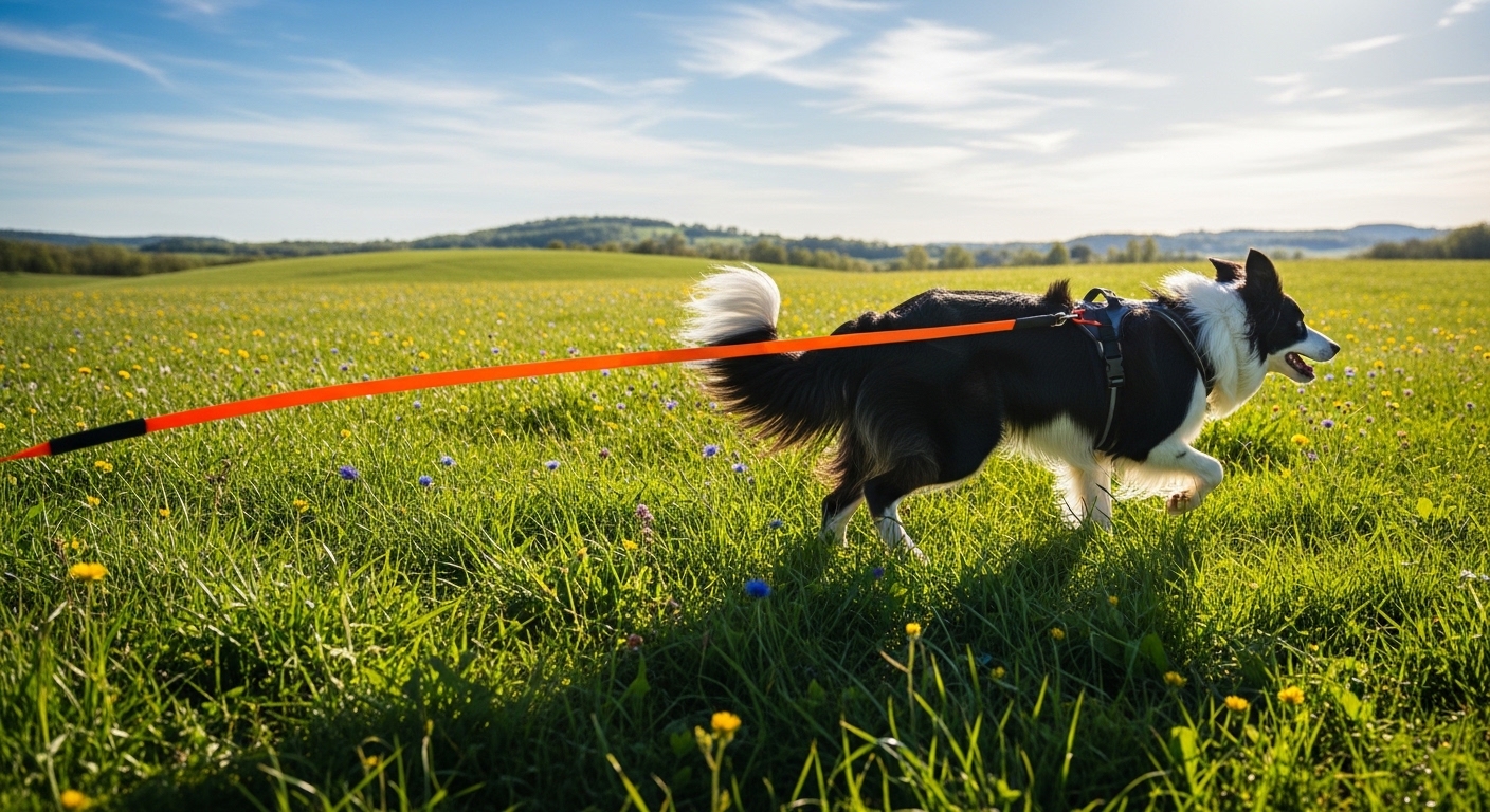 dog exploring a grassy field on a long training lead