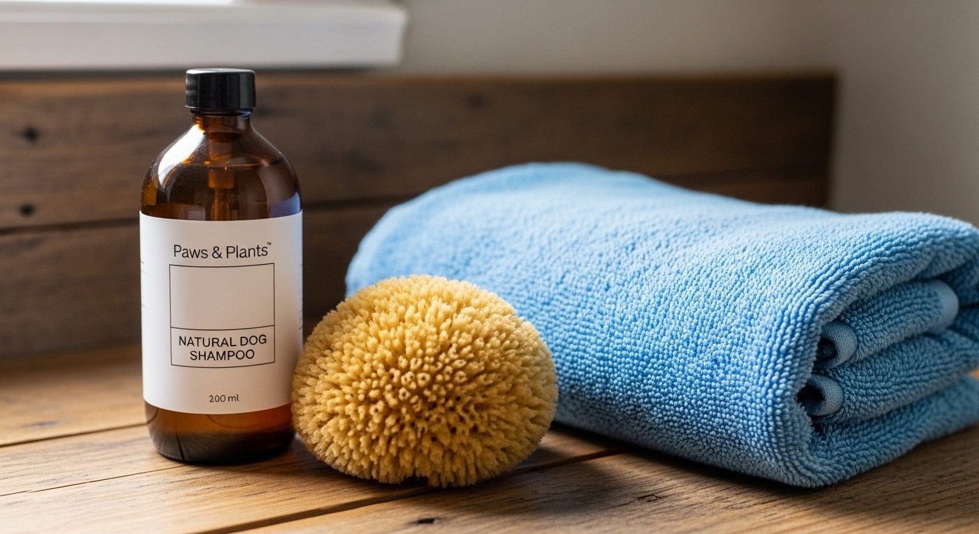 Dog shampoo, sponge, and towel on a counter