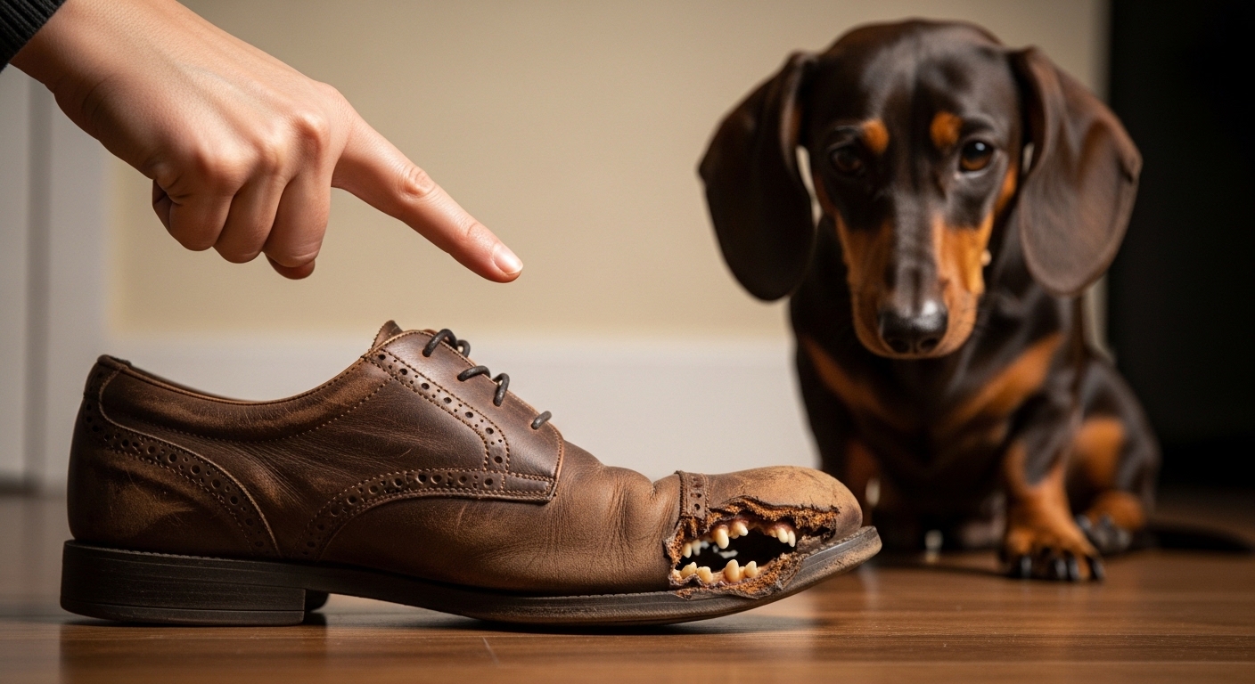 person pointing at chewed shoe with sad dog