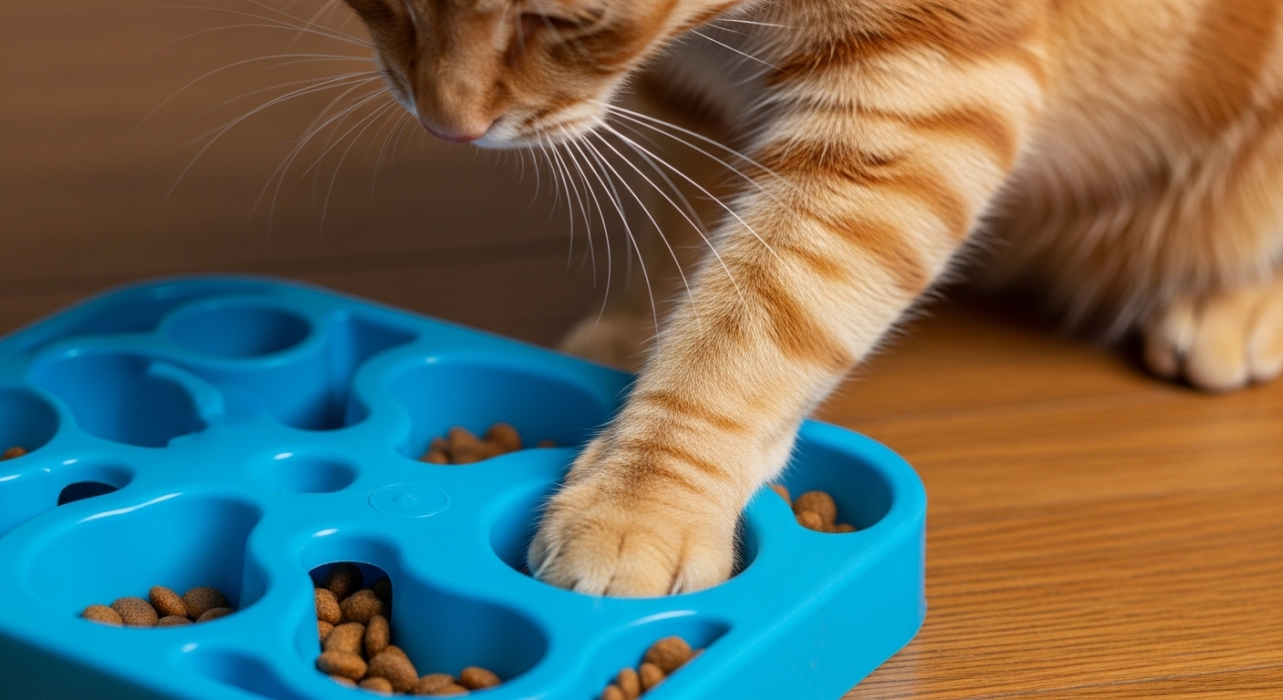 Orange tabby cat using a blue puzzle feeder