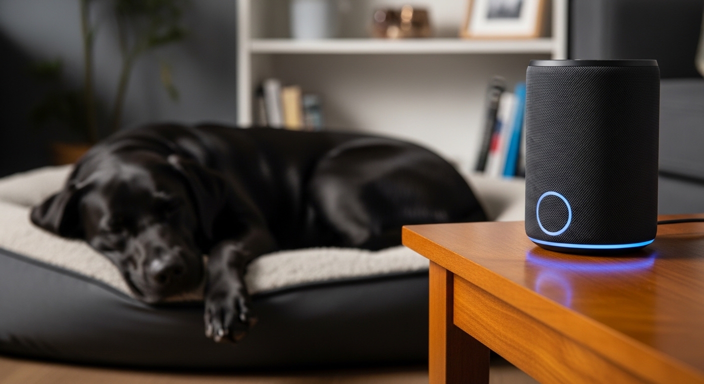 smart speaker playing music for sleeping dog