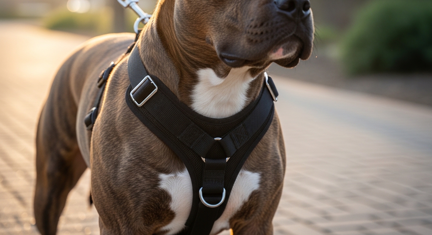 pitbull wearing a front-clip harness on a path
