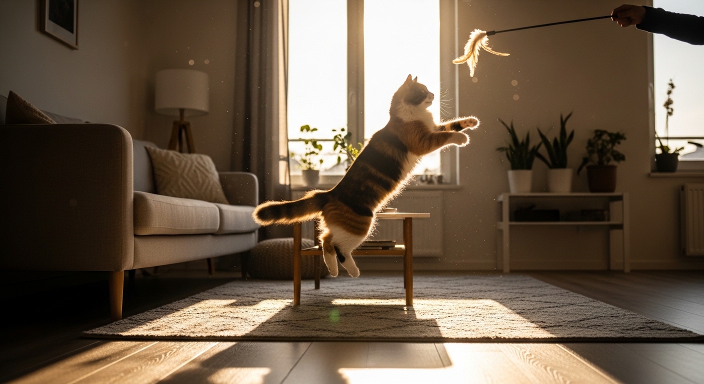 Calico cat playing with feather toy in living room