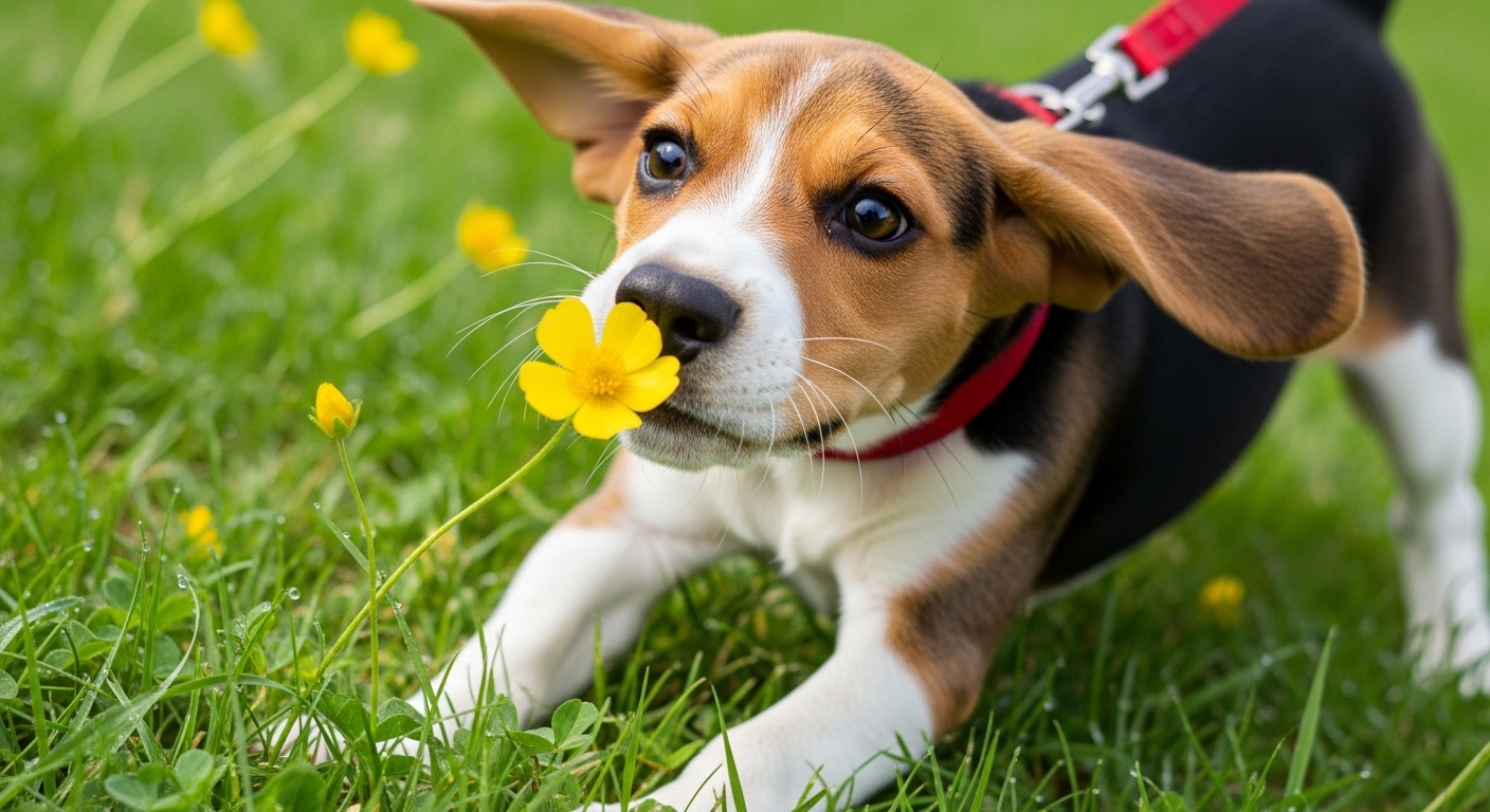 beagle puppy pulling on collar to sniff a flower