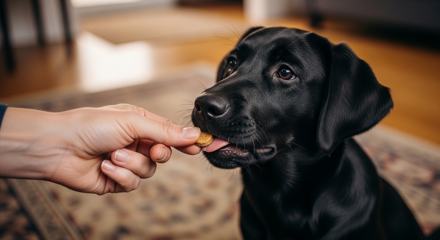 owner handing a tasty treat to a sitting puppy
