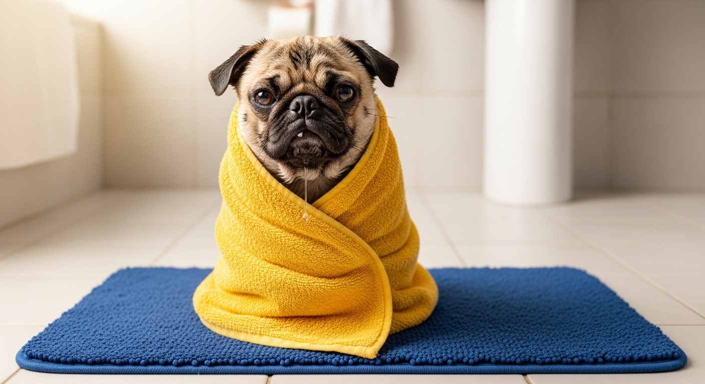 Wet pug wrapped in a yellow towel