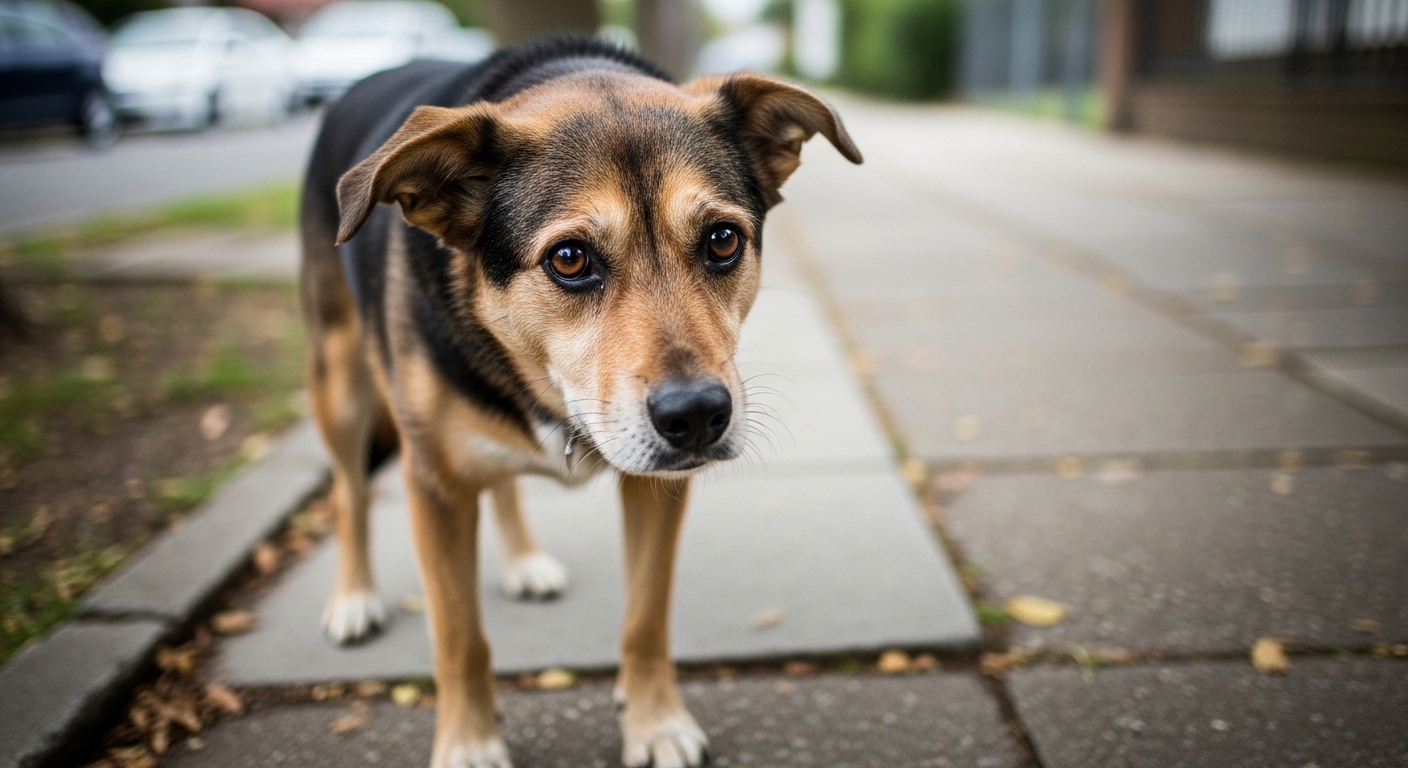 hesitant dog looking confused at its owner outdoors
