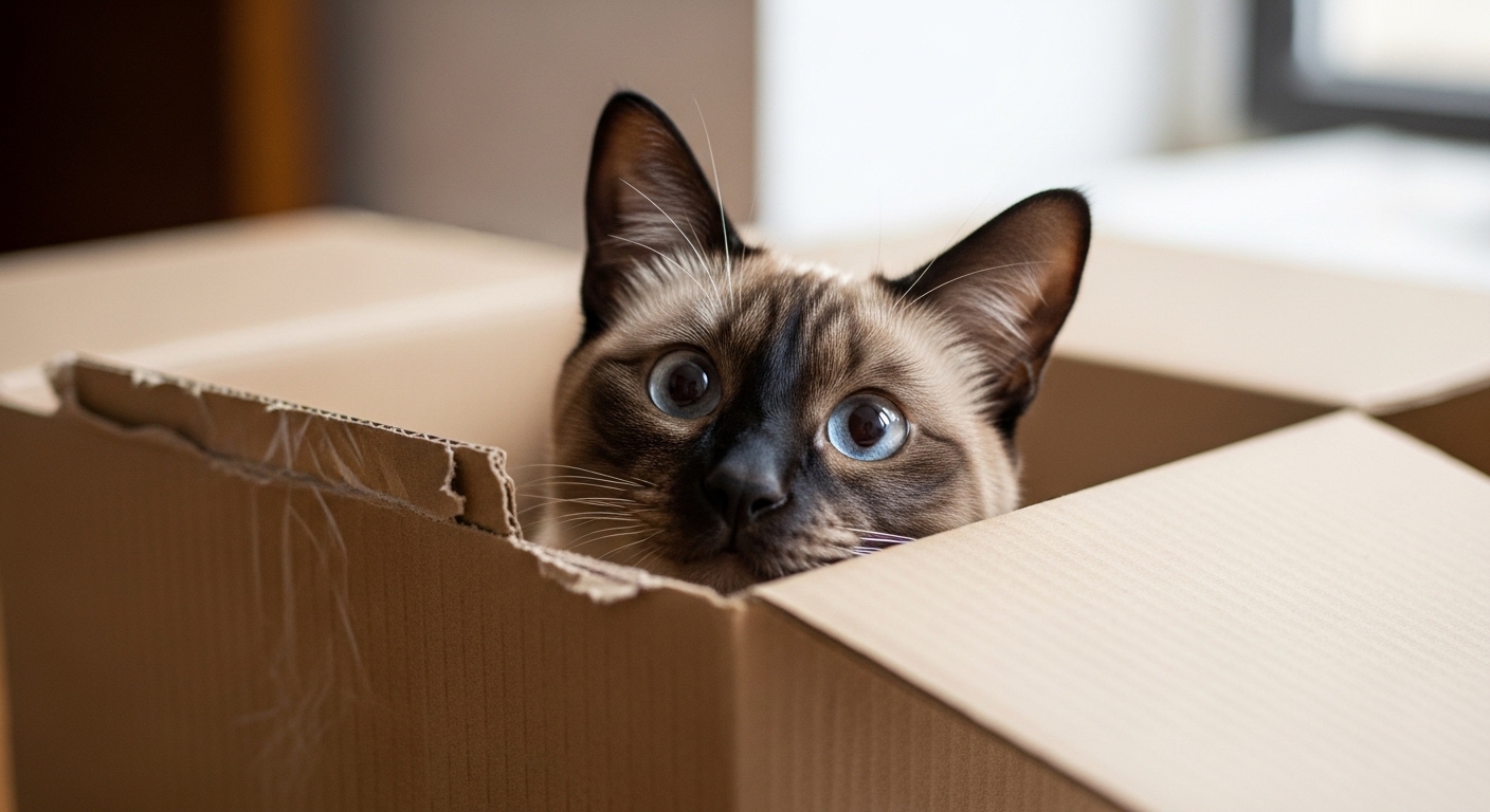 Siamese cat playing inside a cardboard box