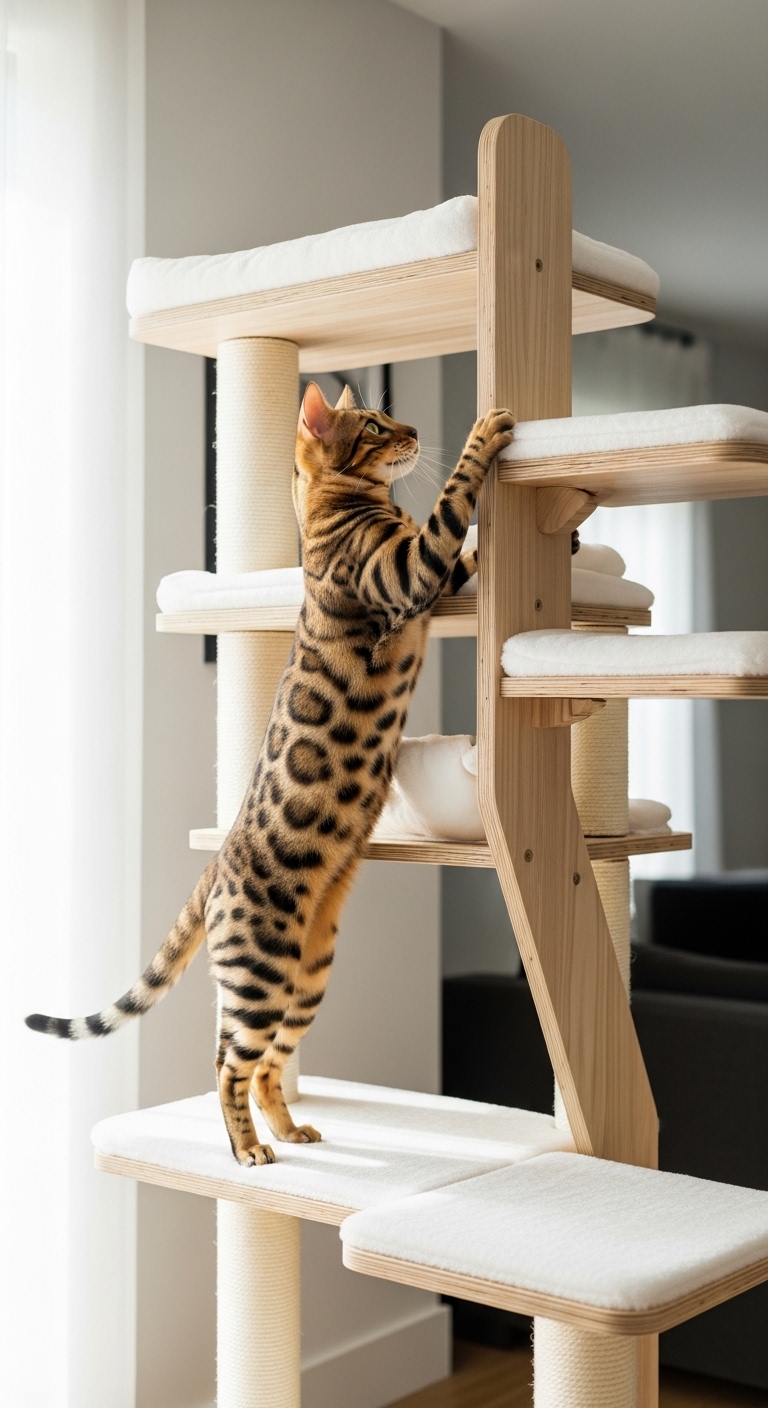 Bengal cat climbing a tall modern cat tree