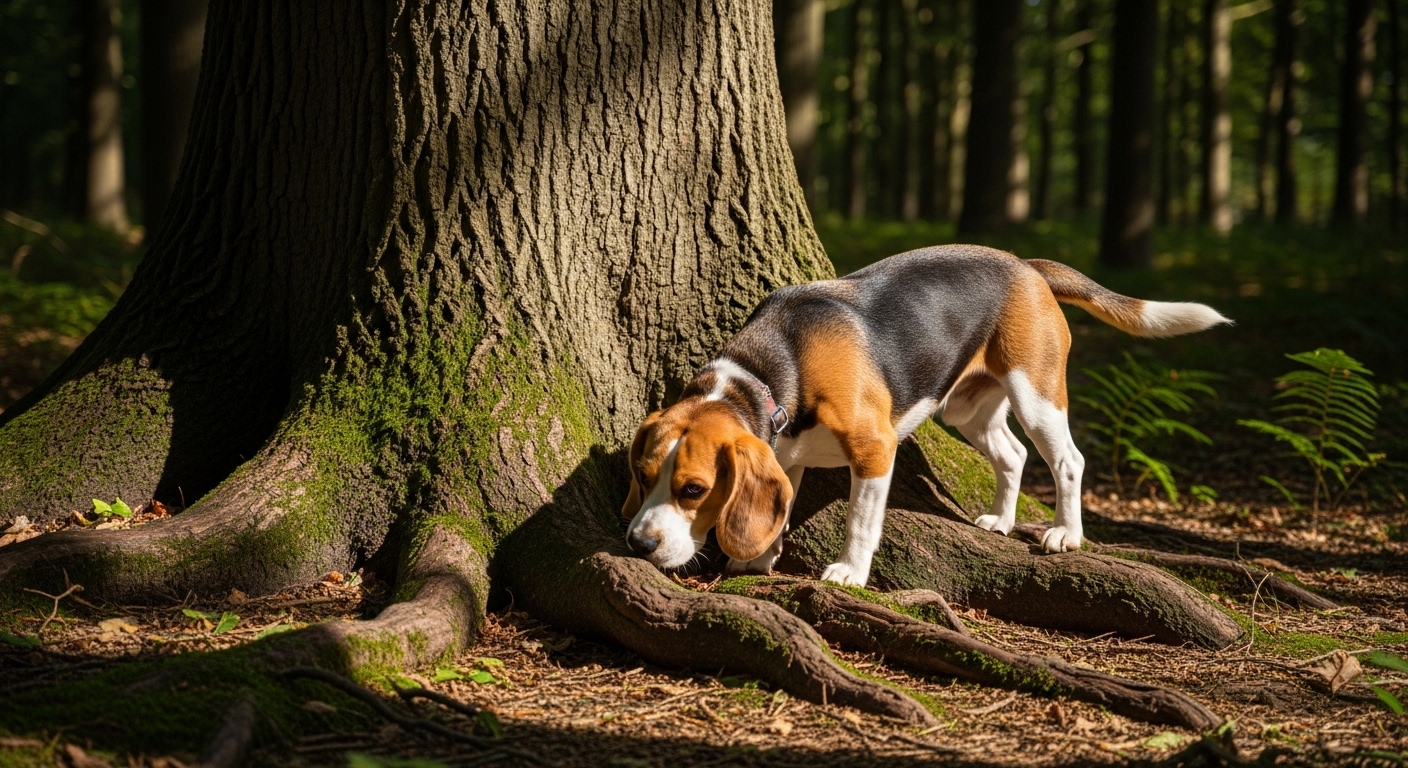 curious beagle sniffing a large oak tree trunk outdoors