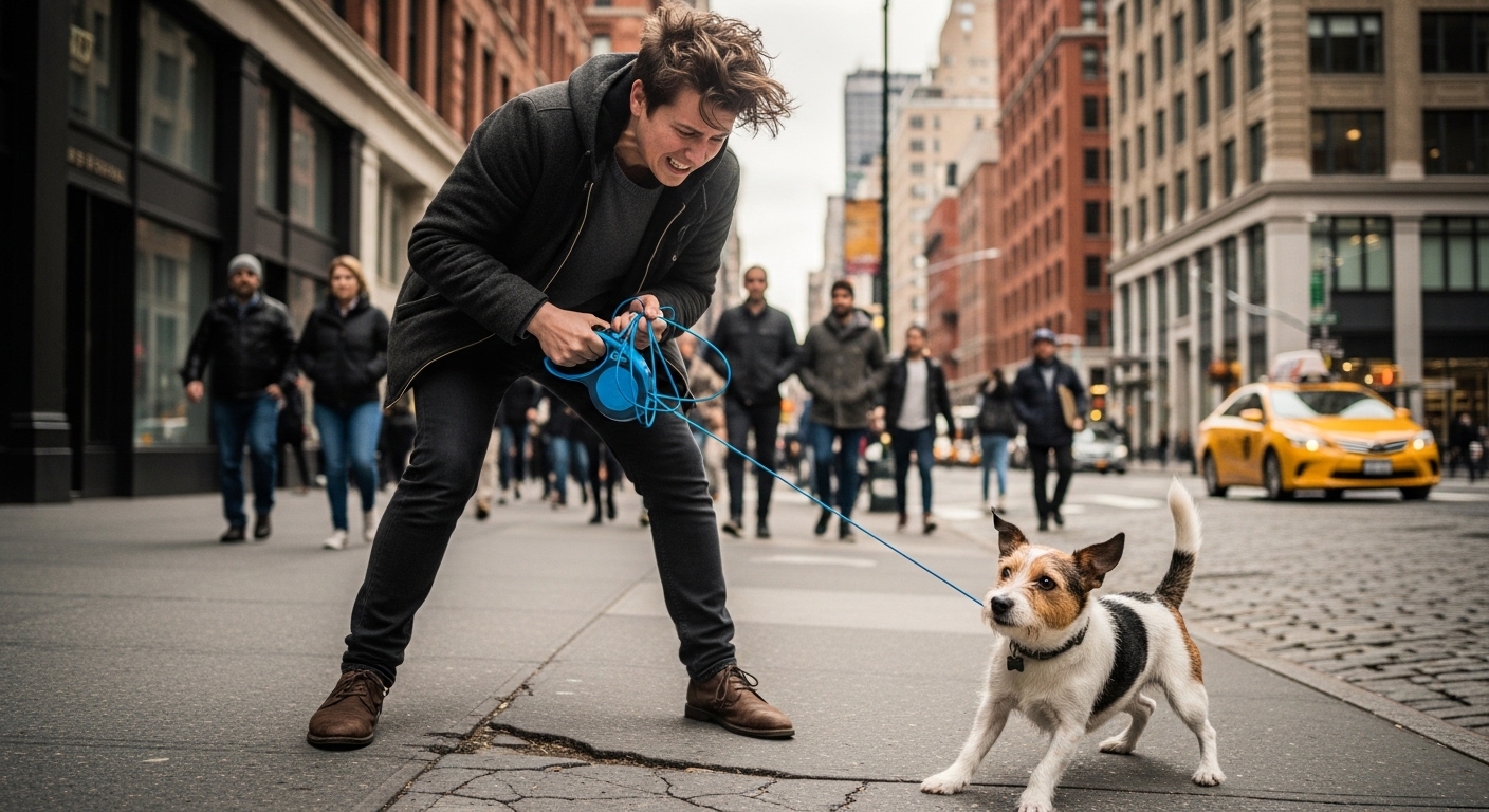 owner struggling with tangled retractable leash and pulling dog