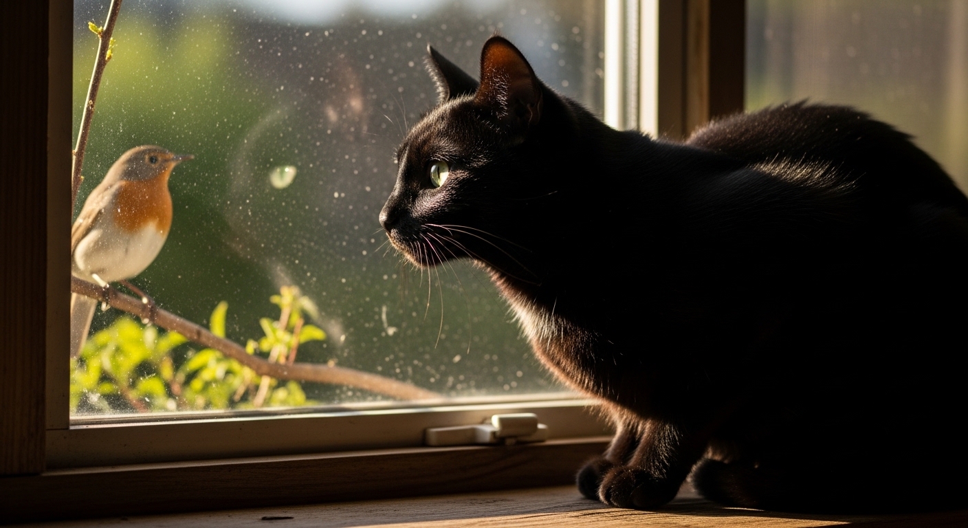 Black cat looking out window at birds