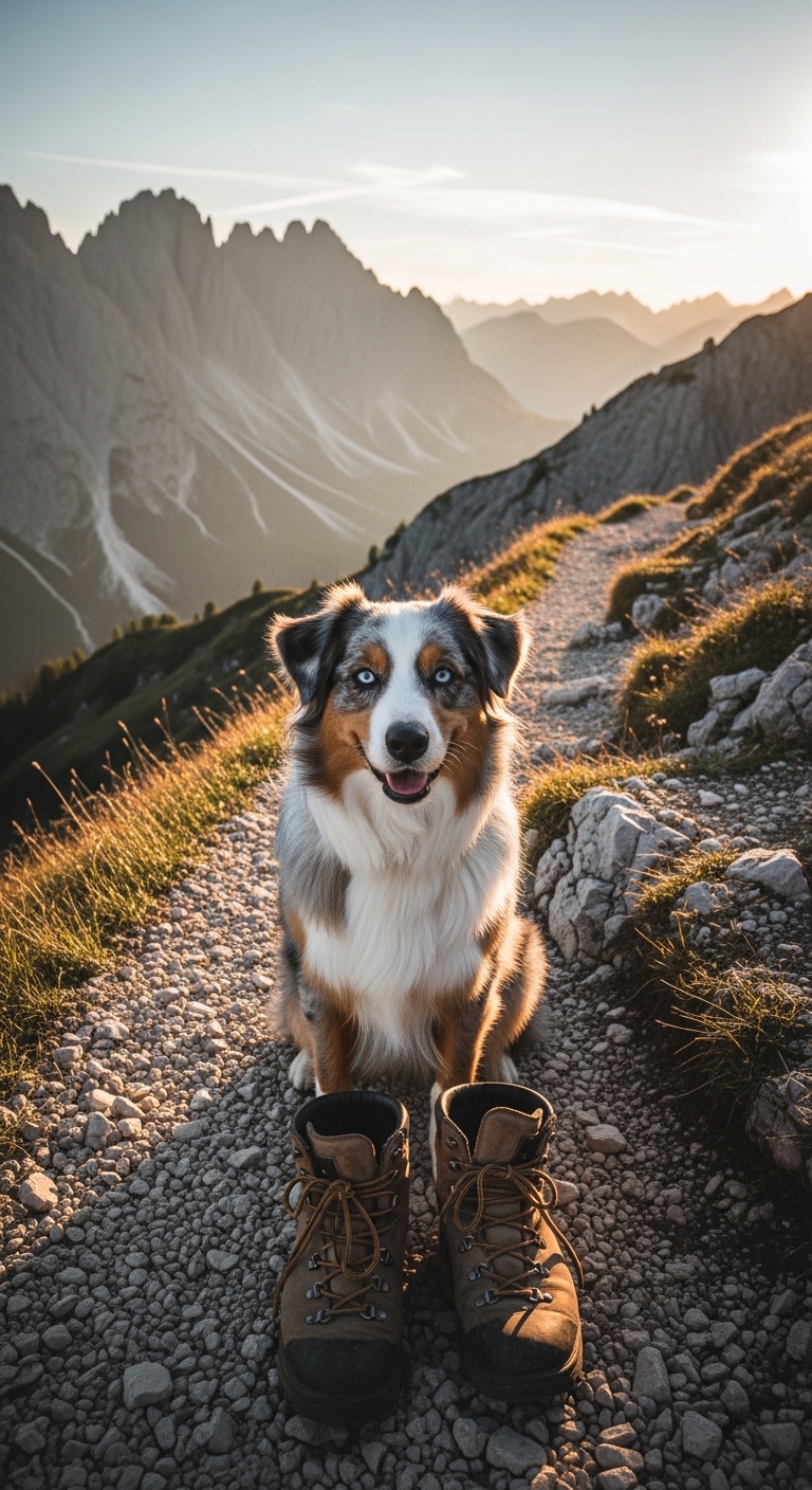 australian shepherd dog sitting proudly on a mountain trail