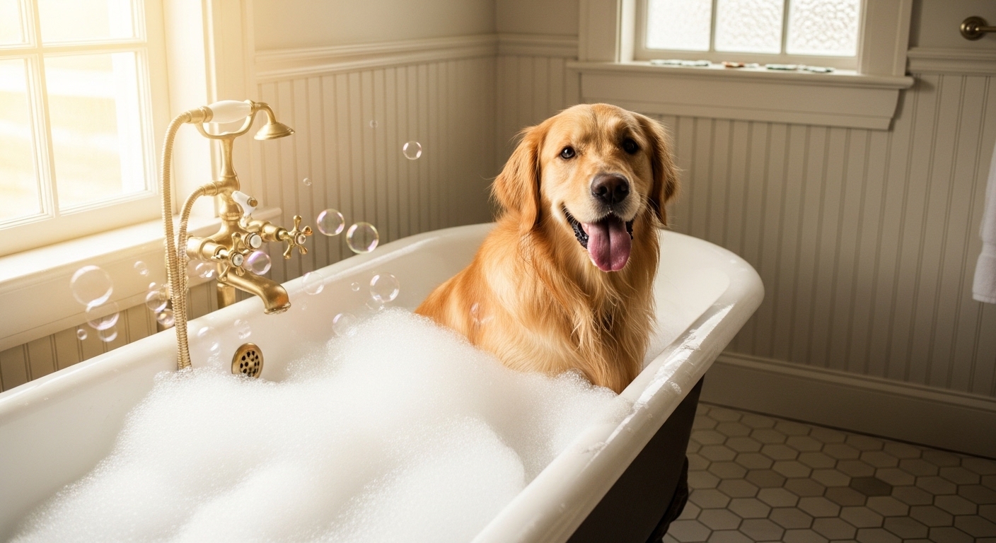 Happy golden retriever sitting in a bubble bath