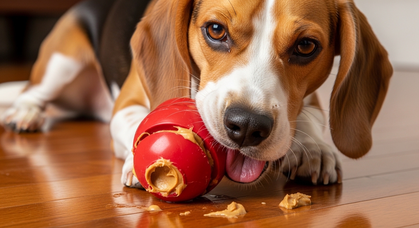 beagle chewing a red puzzle toy on the floor
