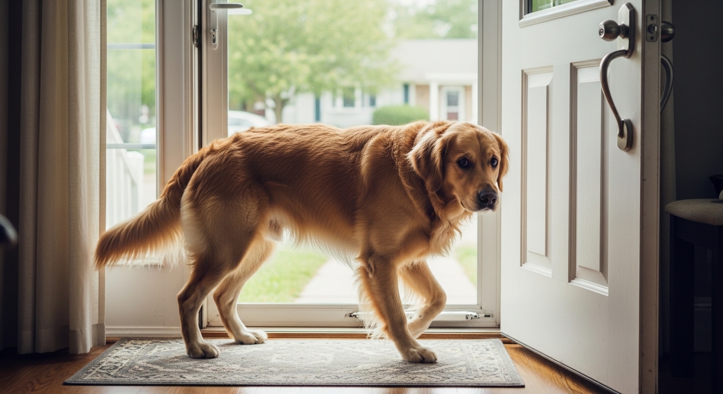 anxious dog looking out front door window