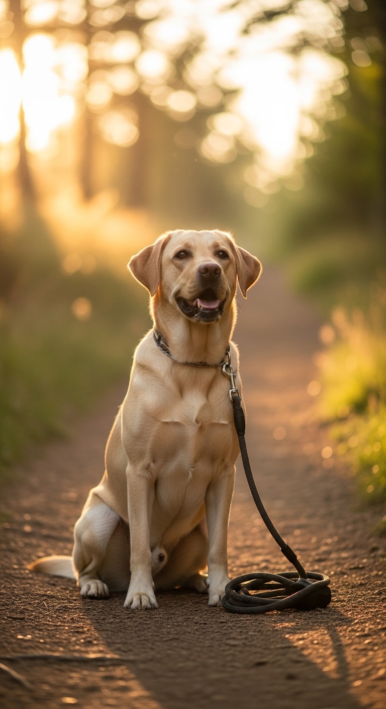 happy labrador sitting proudly on trail after walk