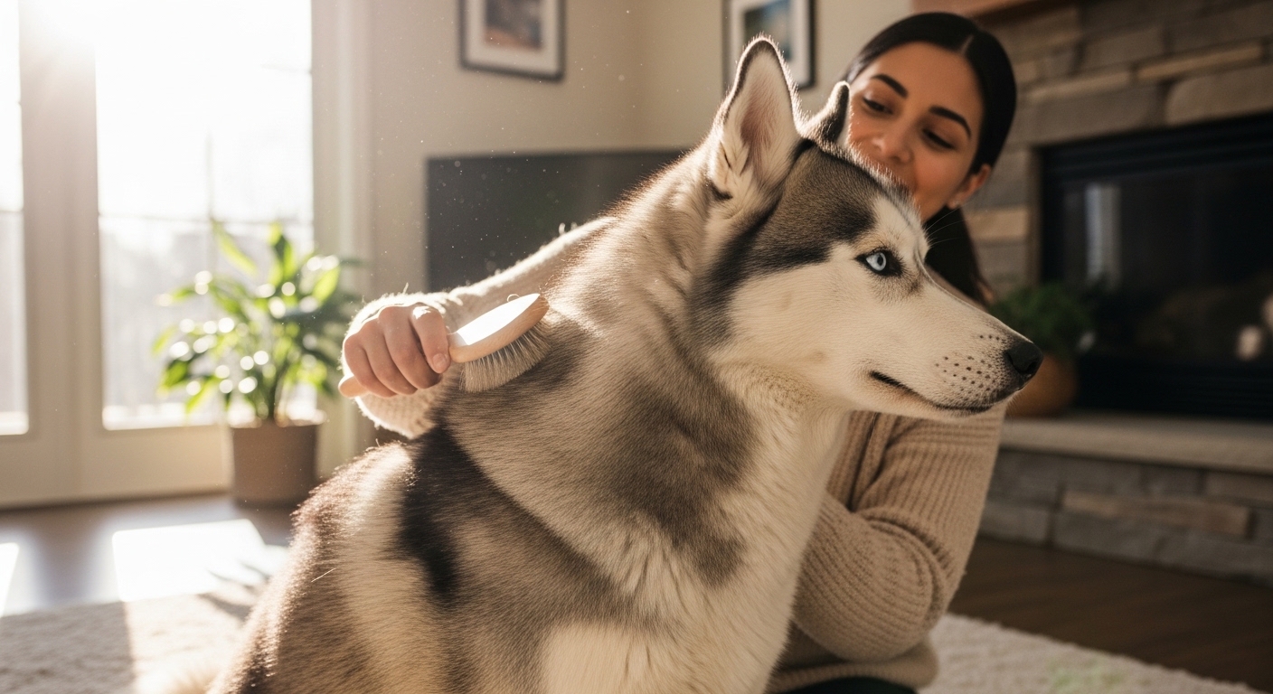 Thick-coated Siberian Husky being brushed indoors
