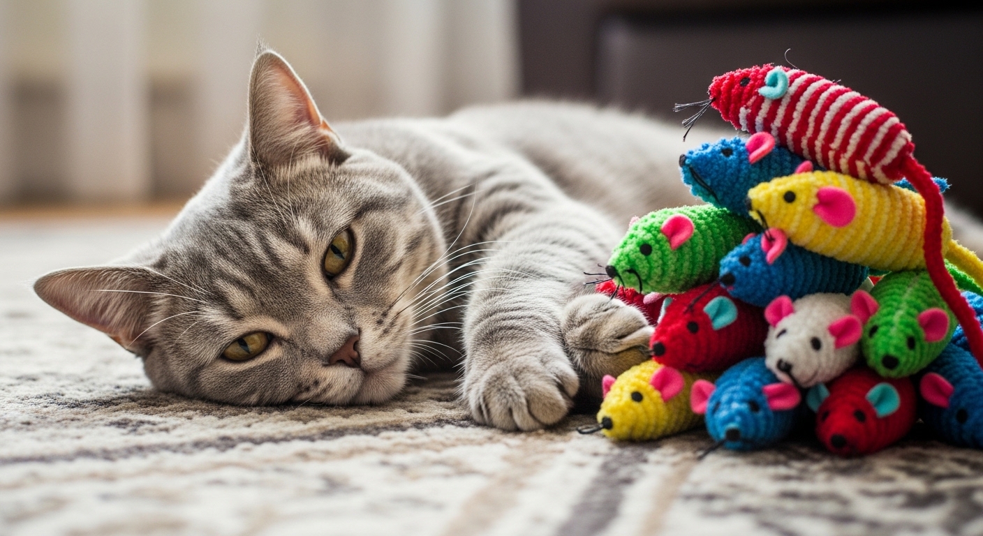 Bored grey cat ignoring a pile of toys