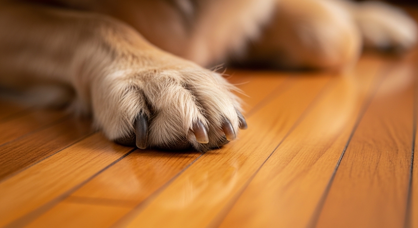 close-up of dog paw with overgrown nails on hardwood floor