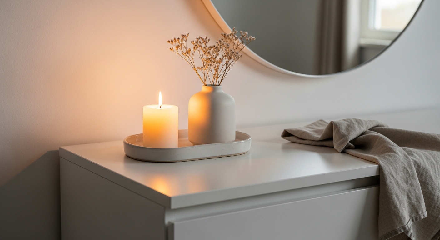 Minimalist white dresser styled with ceramic tray, candle, and round mirror