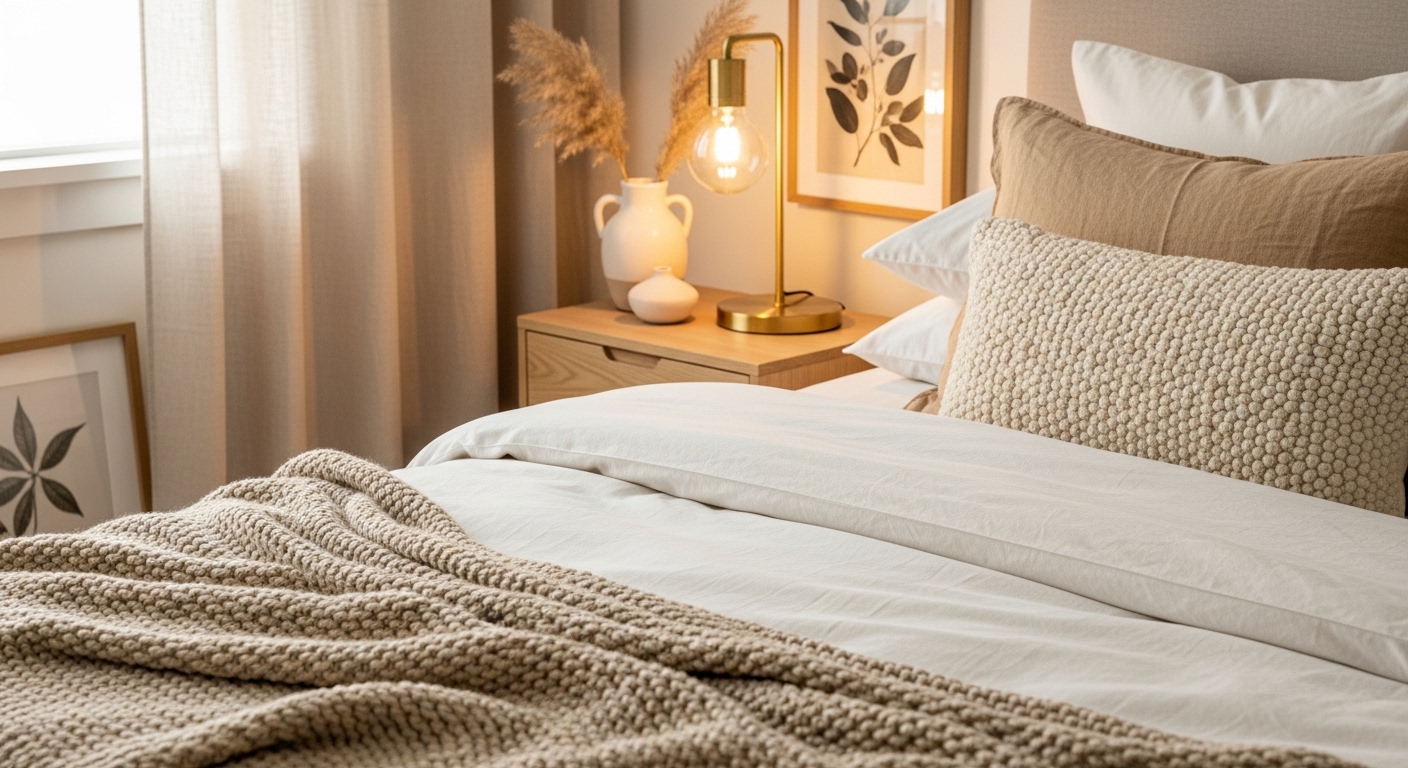 Cozy bedroom vignette with bouclé cushions, brass lamp, and dried botanicals