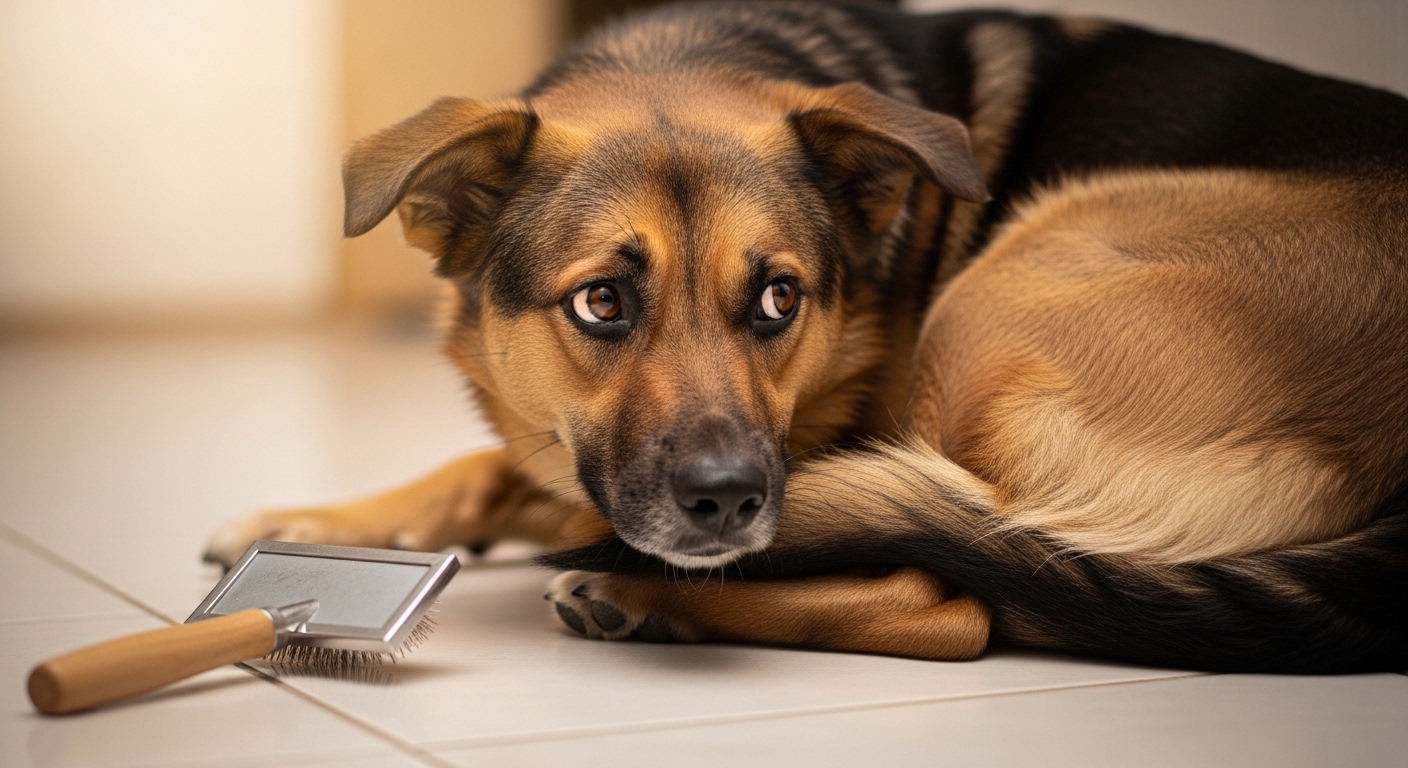 dog showing tense body language near a grooming brush