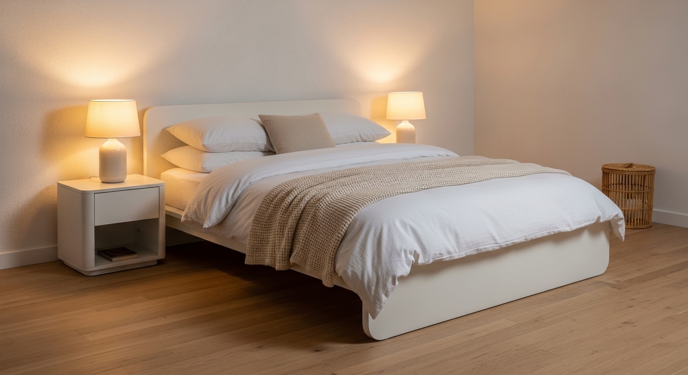 White platform bed with rounded oak nightstands and warm ceramic lamp