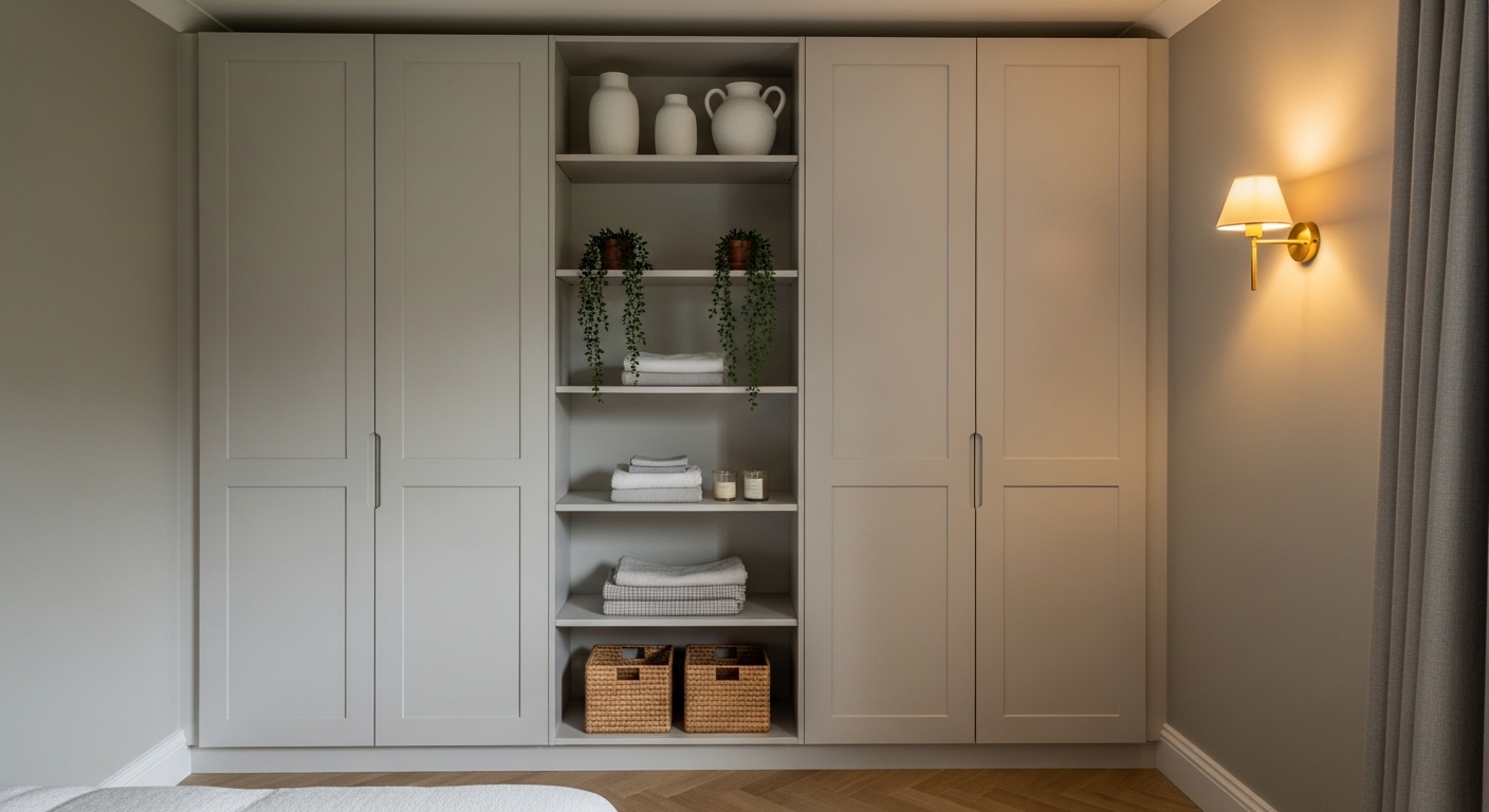 White fitted wardrobes with open shelving and rattan baskets in bedroom