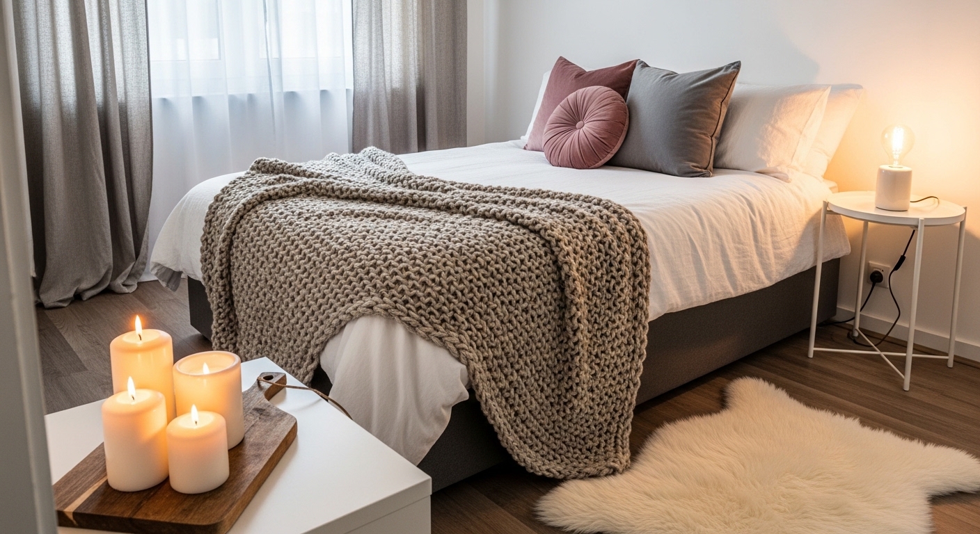 Budget-friendly cozy winter bedroom with knit throw and candle cluster