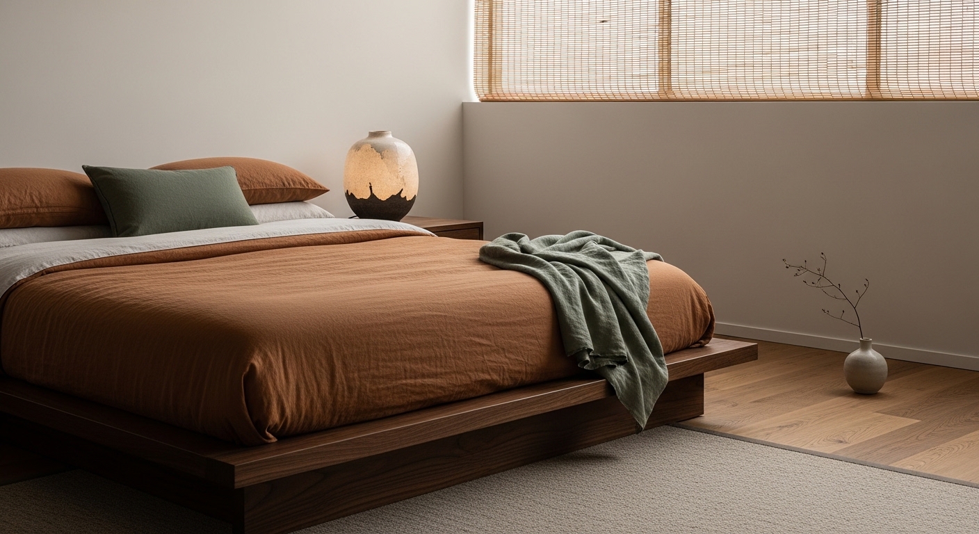 Japandi winter bedroom with dark walnut bed and clay linen bedding