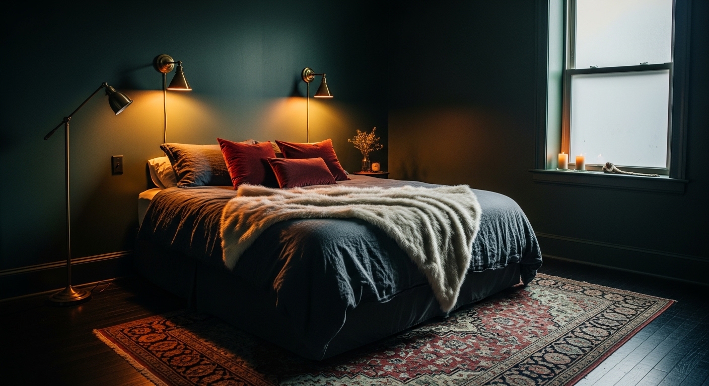 Dark moody winter bedroom with green walls, velvet bedding, and brass lighting